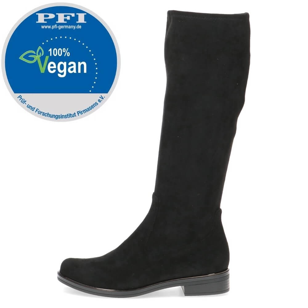 Black knee-high boot with a '100% Vegan' label on a white background Caprice Vegan Knee High Boots 9-25512 Black