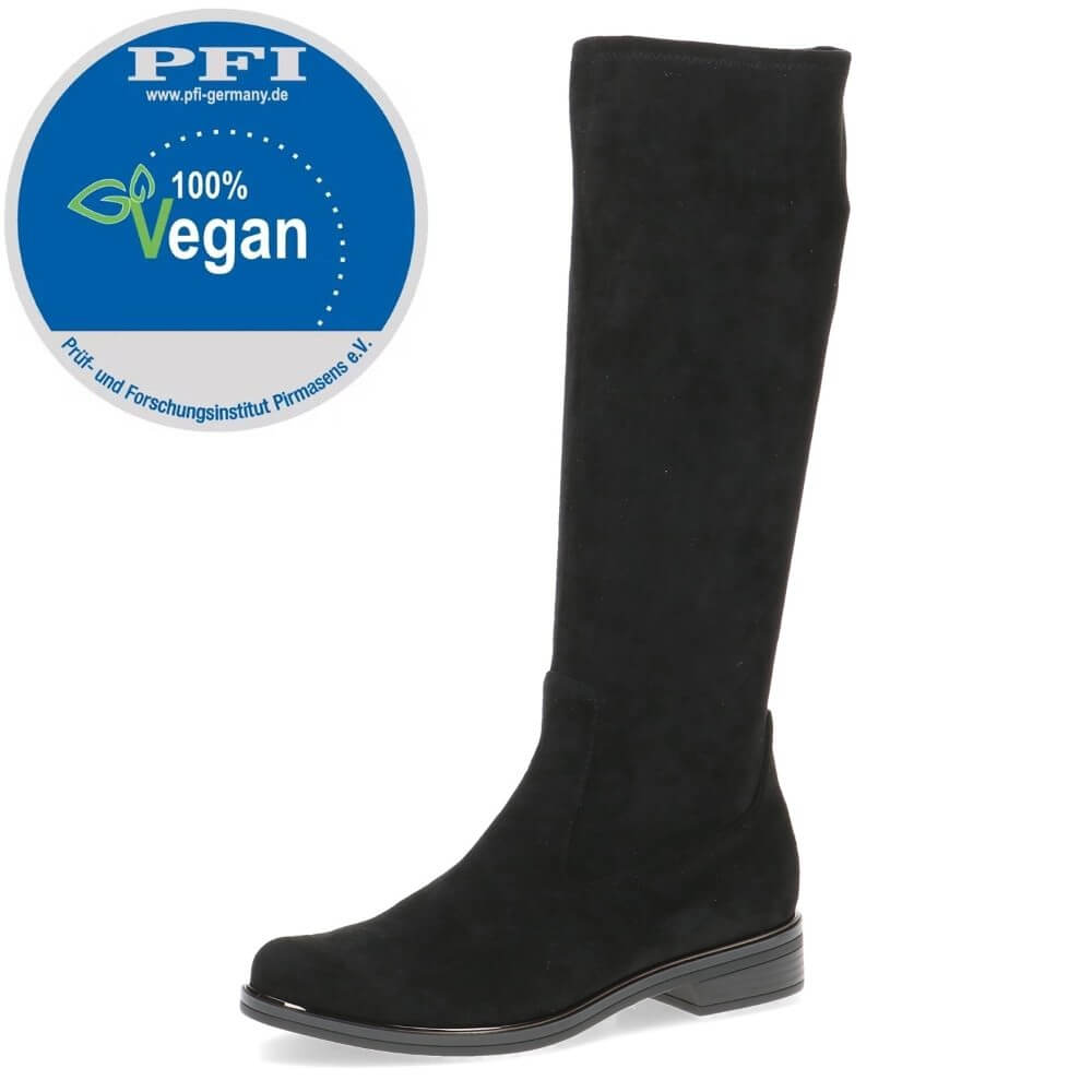 Black knee-high boot with a '100% Vegan' label on a white background Caprice Vegan Knee High Boots 9-25512 Black