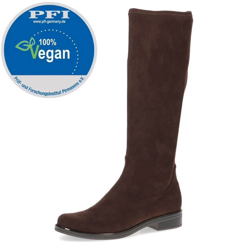 Brown knee-high boot with a '100% Vegan' label on a white background