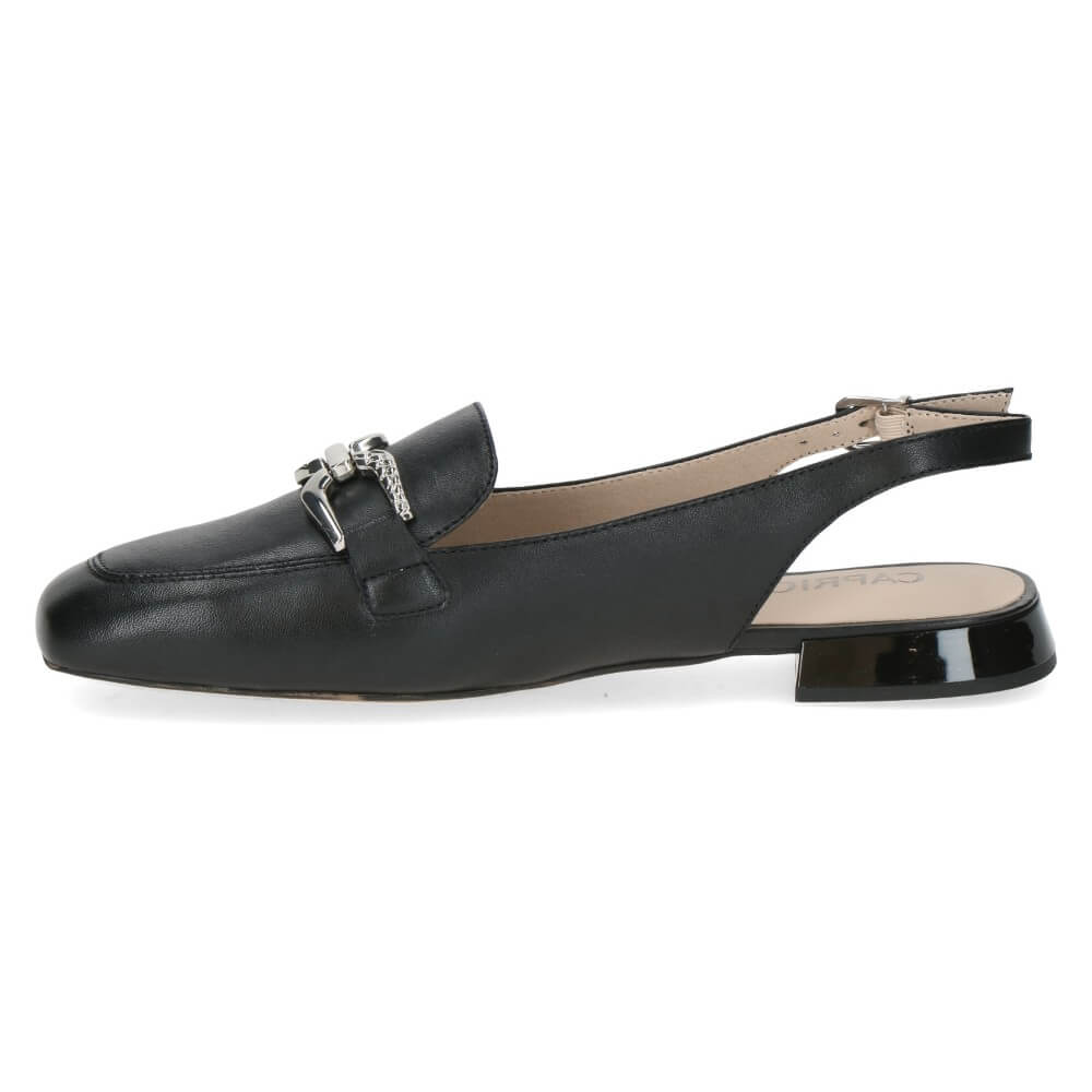 Black loafer-style shoe with a small chain detail on a white background