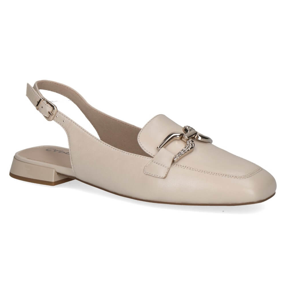 Caprice 29400 Beige loafer with a small metallic buckle on a white background