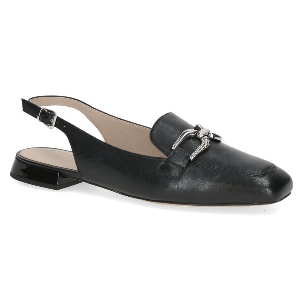 caprice 29400 Black leather slingback shoe with a buckle on a white background