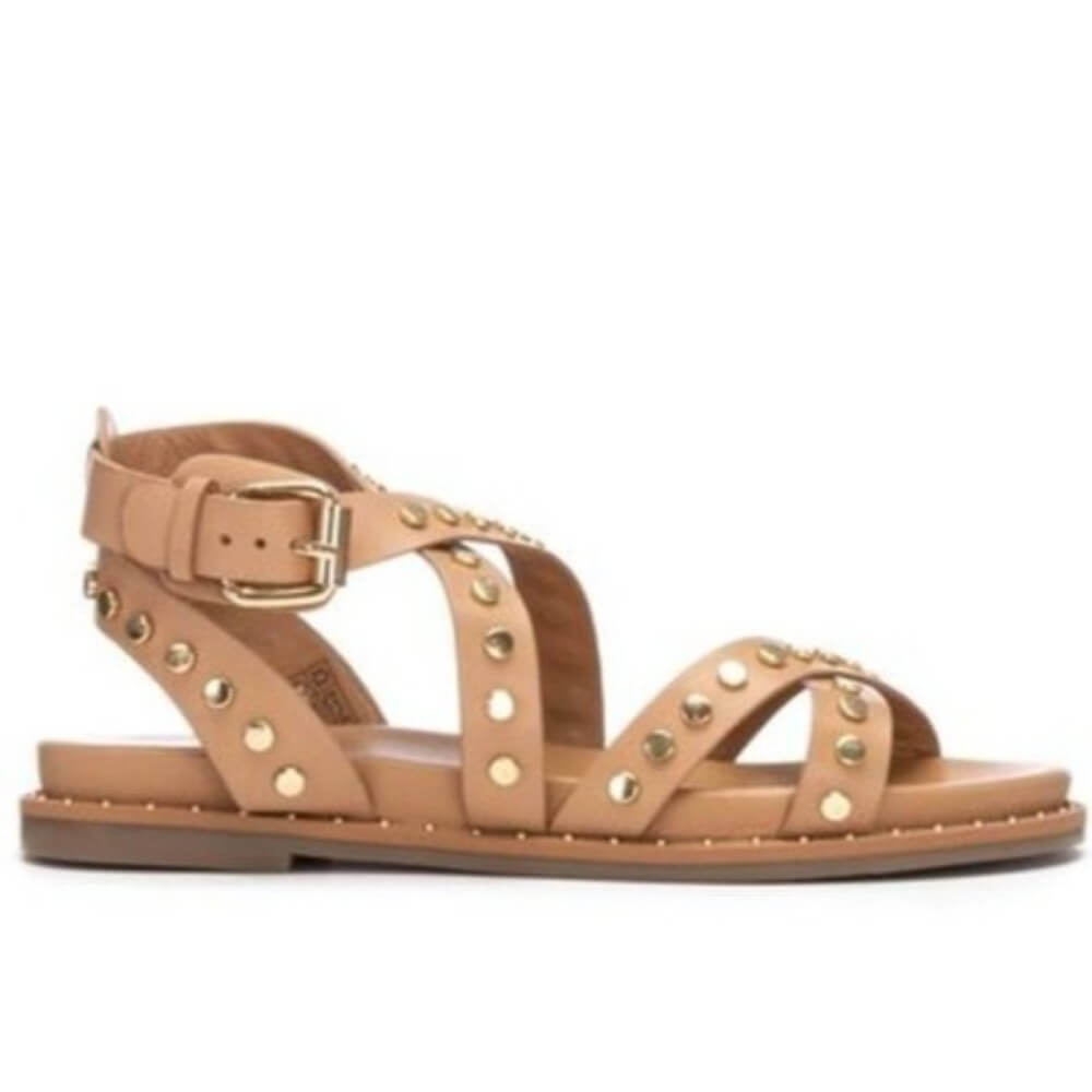 Carmela gladiator Tan sandal with stud details on a white background