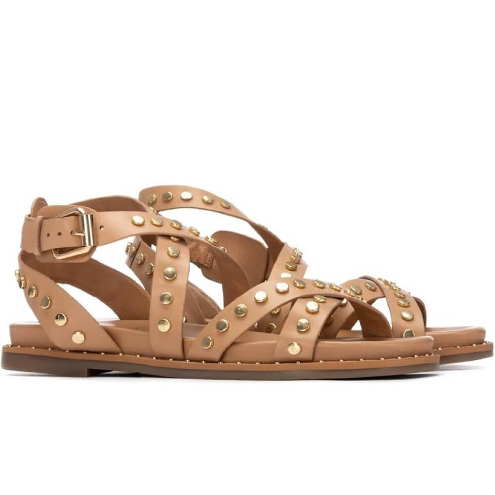 Carmela gladiator Tan sandal with stud details on a white background