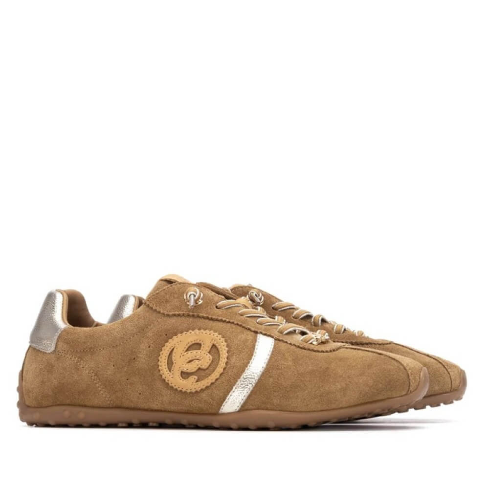 Carmela Brown sneaker with gold and silver accents on a white background