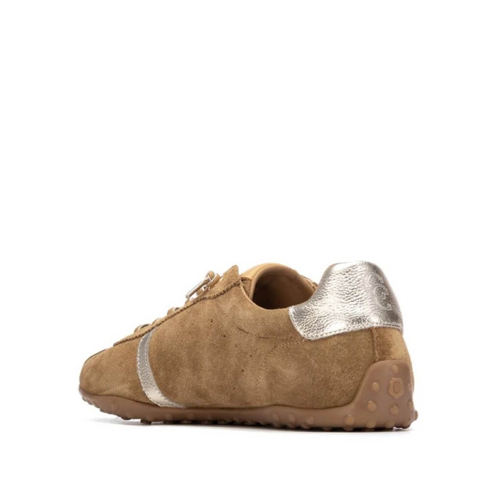 Carmela Brown sneaker with gold and silver accents on a white background