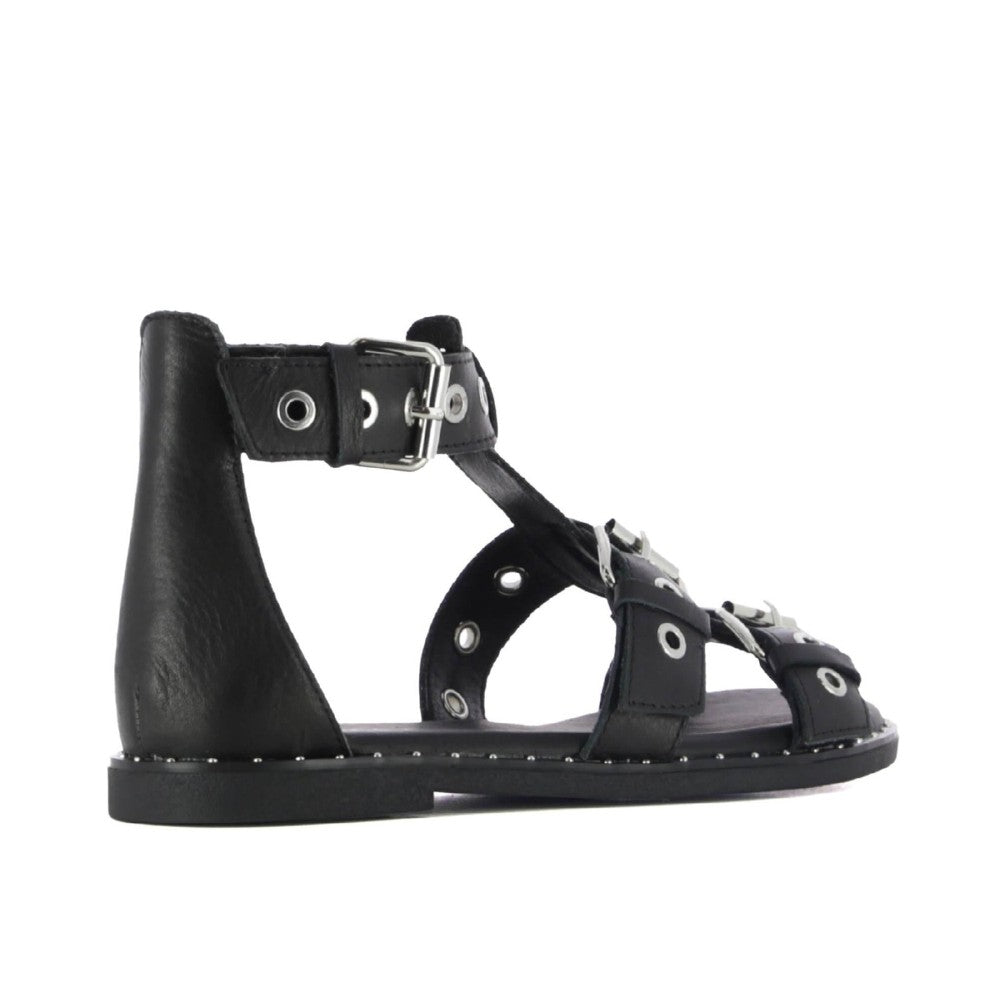 Carmela Black Gladiator sandal with multiple straps and buckles on a white background