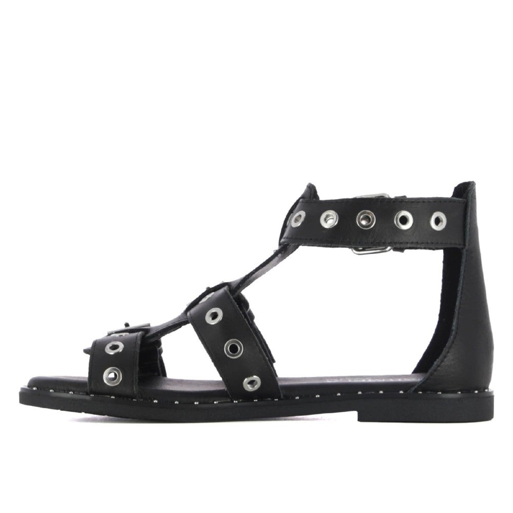 Carmela Black Gladiator sandal with multiple straps and buckles on a white background
