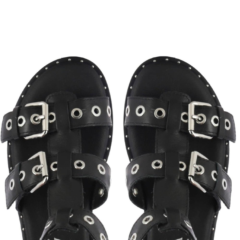 Carmela Black Gladiator sandals with multiple straps and buckles on a white background