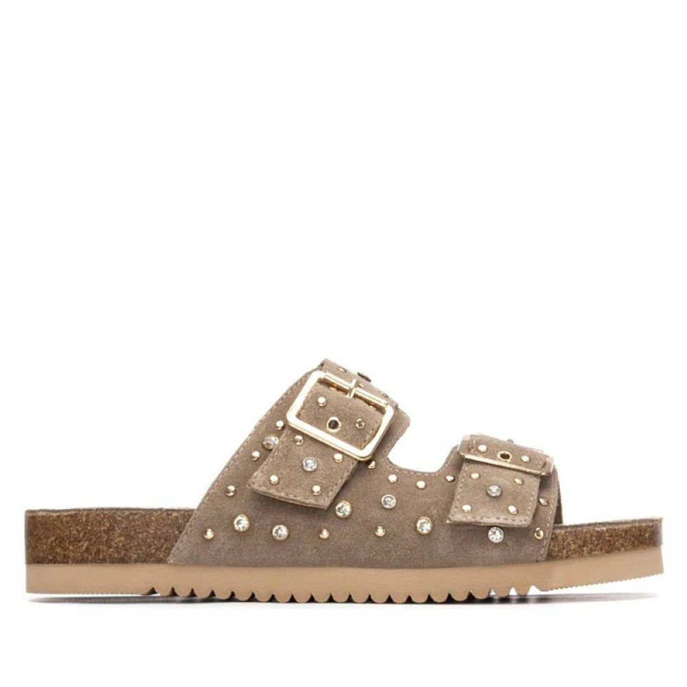 Carmela Taupe Brown sandal with decorative buckles and rhinestones on a white background