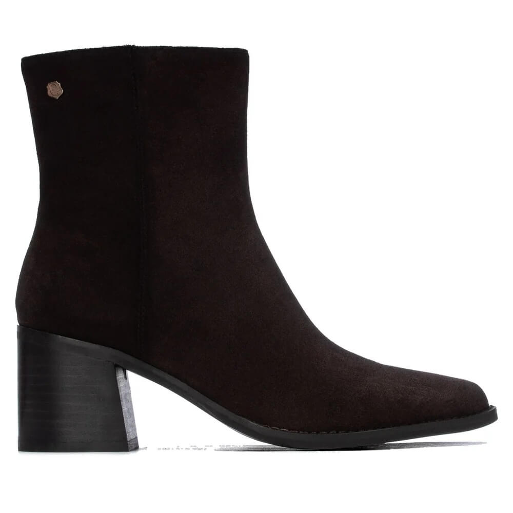 Carmela Dark Brown Suede Block heel ankle boot with a pointed toe on a white background