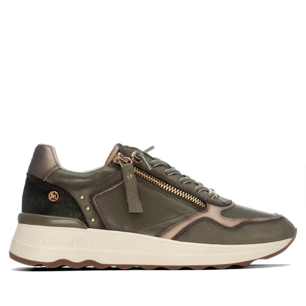Carmela Green Wedge Trainer with laces and a zip on a white background