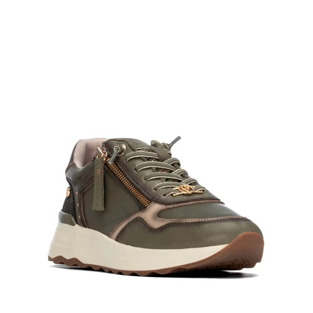 Carmela Green Wedge Trainer with laces and a zip on a white background