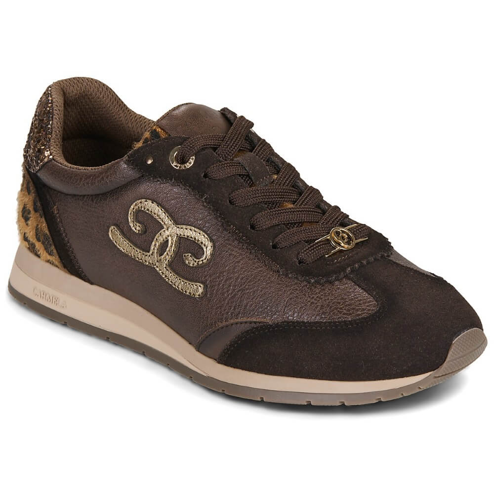 A Carmela dark brown sneaker featuring textured leather and suede panels, a leopard-print heel accent, a metallic gold interlocking logo on the side, and a beige midsole.