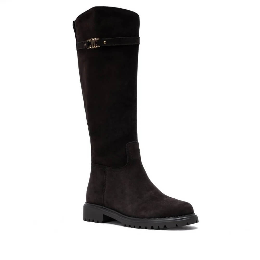 Carmela Brown Suede Knee High boot on a white background