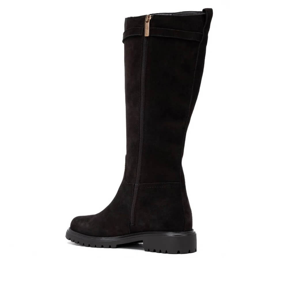 Carmela Brown Suede Knee High boot with a zip on a white background
