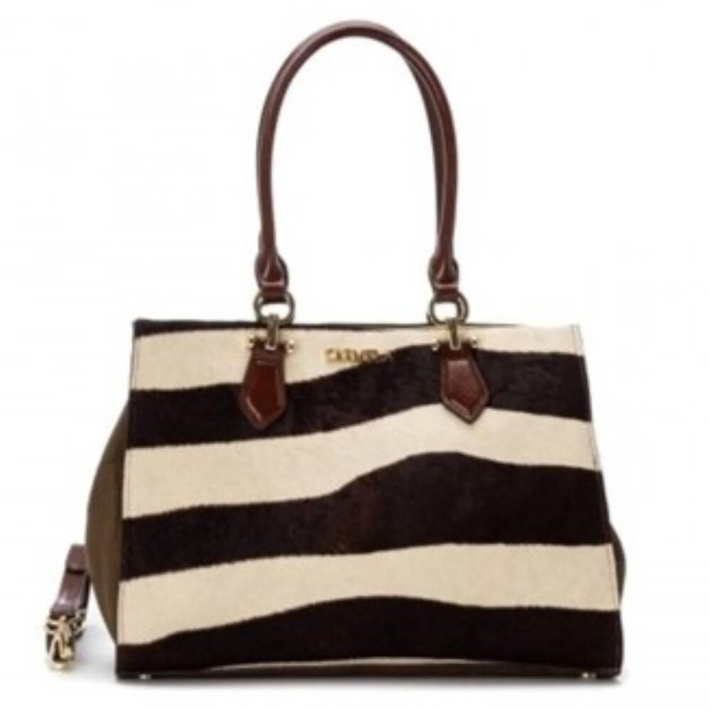 Striped handbag with brown and white pattern on a white background