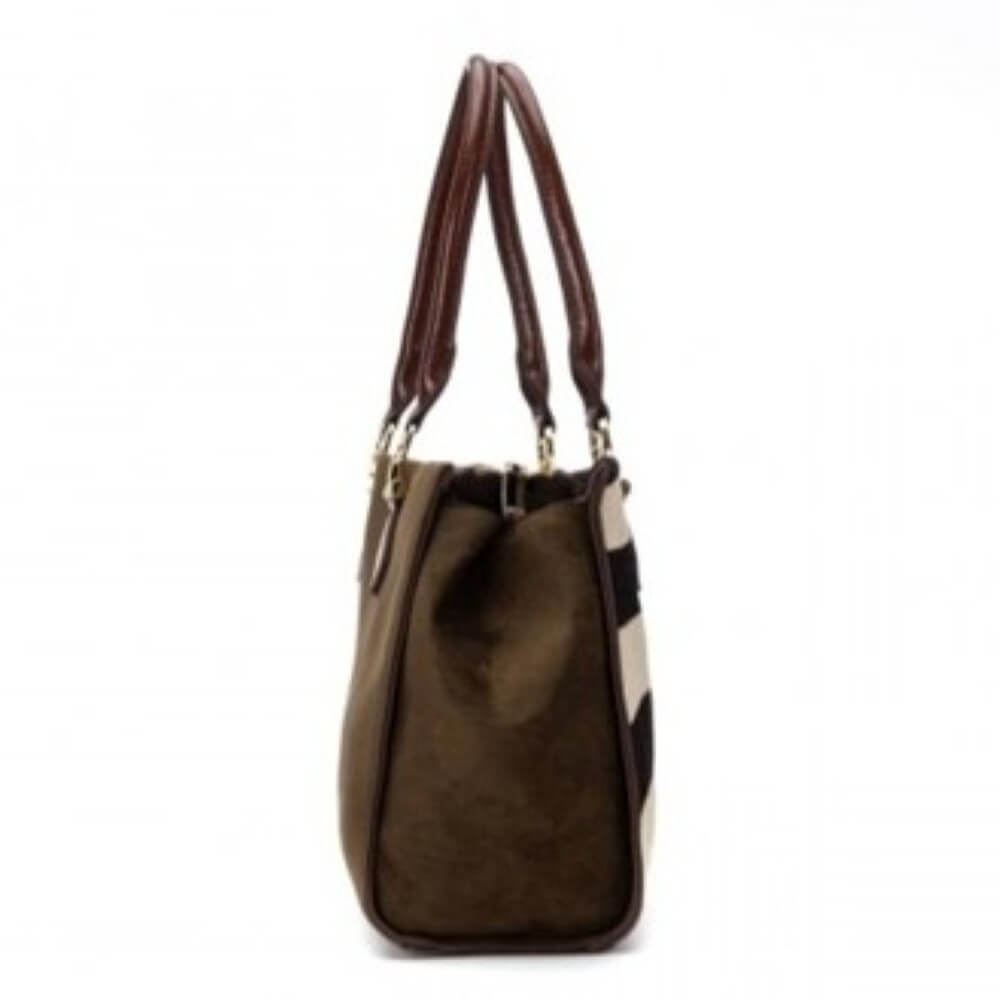 Brown handbag with a checkered pattern on a white background