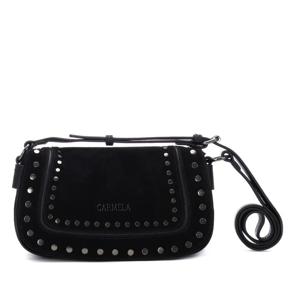 A black suede crossbody bag with silver-tone metal studs and the brand name 'CARMELA' embossed on the front, shown against a plain white background.