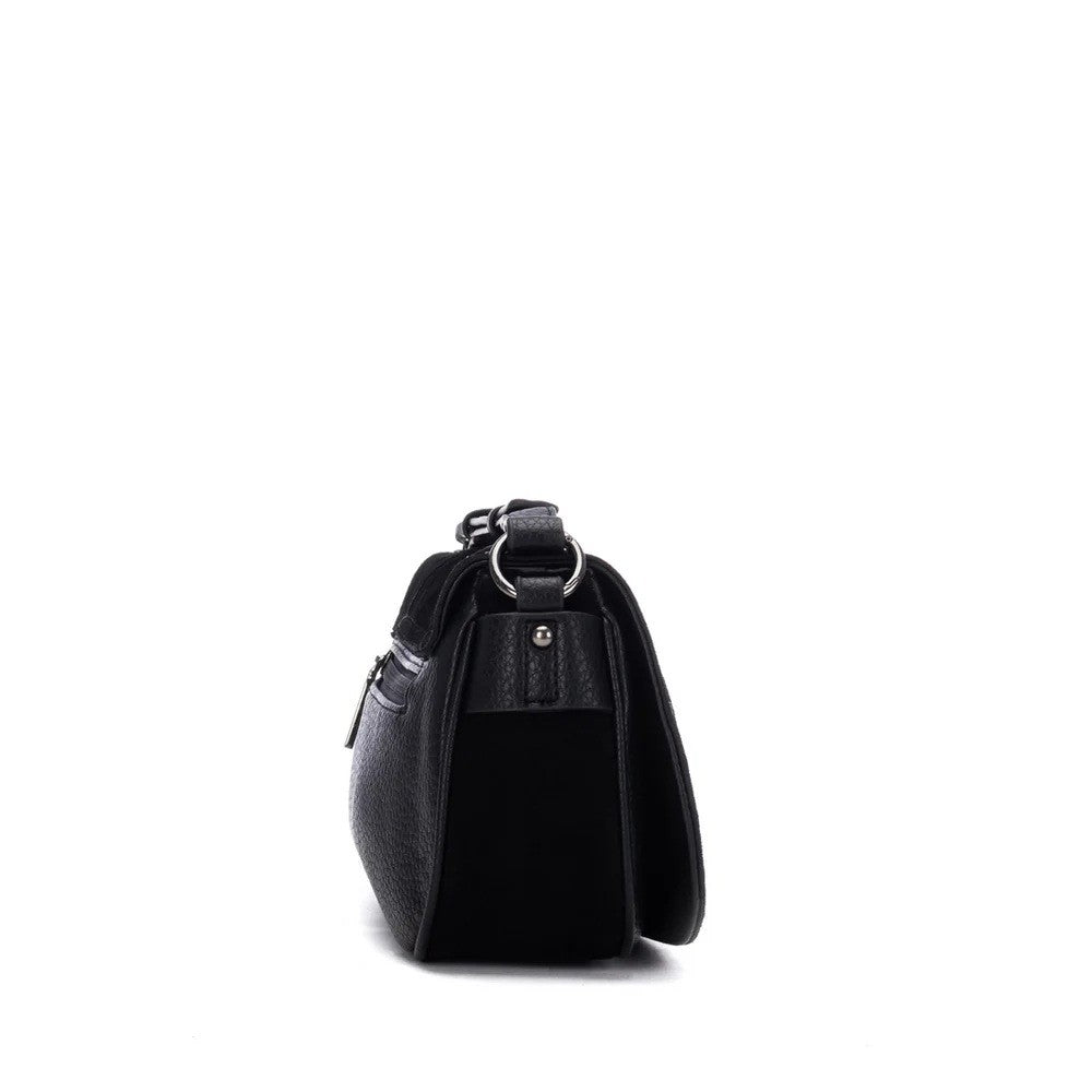 A Carmela black leather shoulder bag shown from a side profile view against a solid white background.