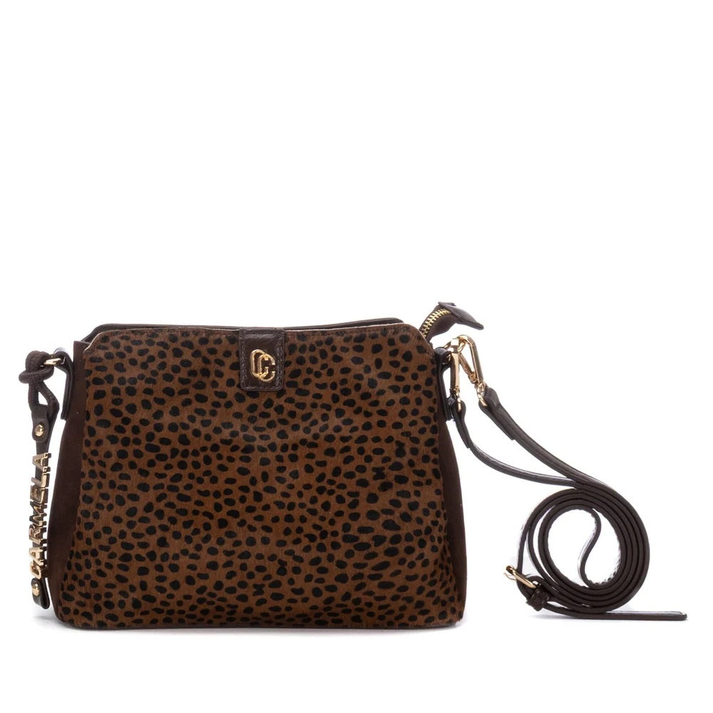 A Carmela brown and black leopard print shoulder bag with a gold-tone 'CG' logo on the front, a dark brown leather strap, and a gold chain detail on the side, photographed against a solid white background.