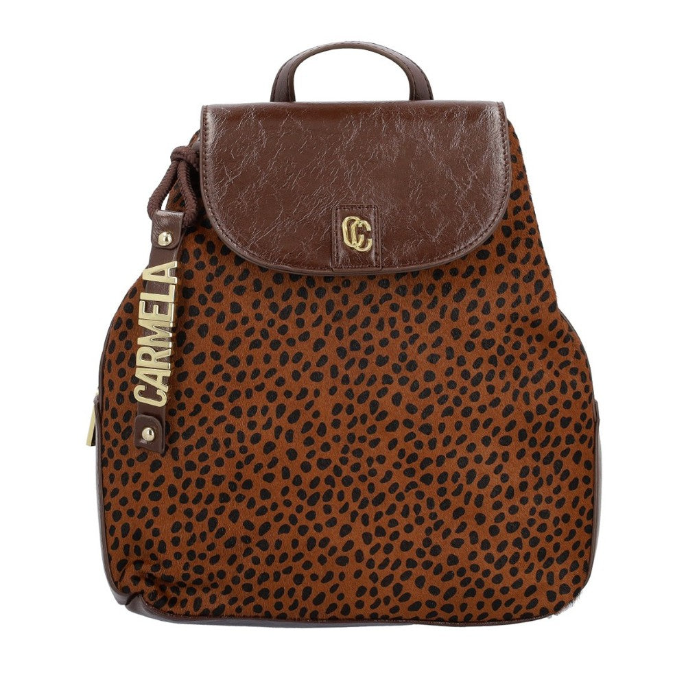  A Carmela Leopard Print brown suede and leather effect backpack with a top handle, a detachable shoulder strap, and a vertical zippered pocket on the side, shown against a plain white background.