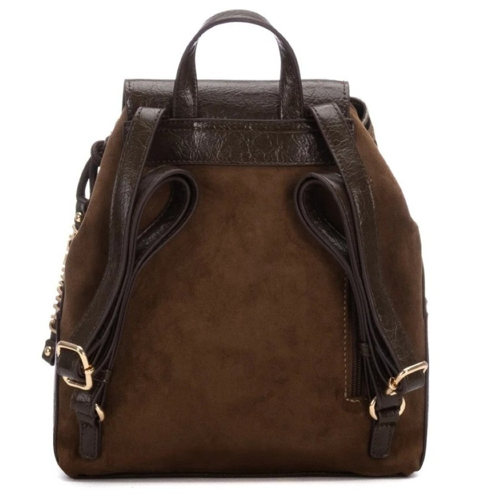 A Carmela brown suede and faux-leather backpack with dark brown straps and gold-tone hardware, shown from the back against a white background.