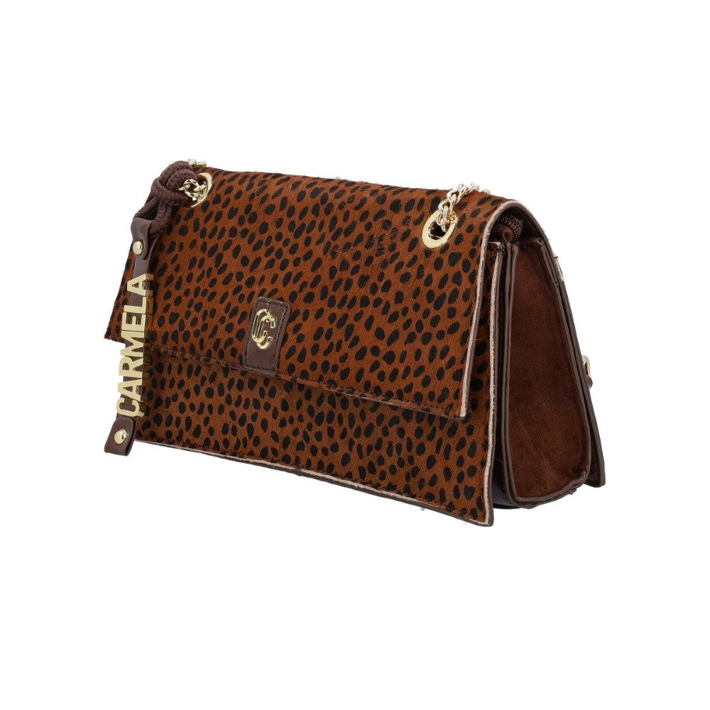 A brown and black leopard print shoulder bag with a brown leather strap featuring gold-tone hardware and the brand name 'CARMELA' in gold lettering, shown on a plain white background.