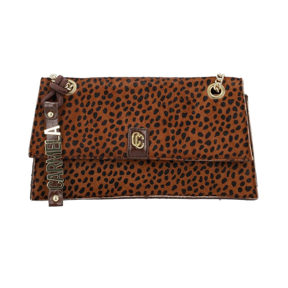 A Carmela brown and black leopard print handbag with a flap closure, gold-tone hardware, and a vertical leather strap on the left side that reads 'CARMELA'.