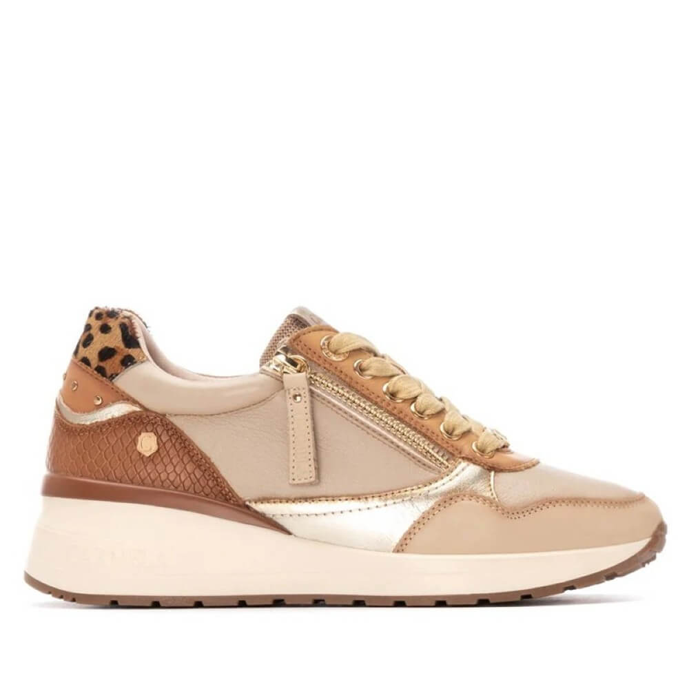Beige and brown sneaker with leopard print accents on a white background Carmela Leather Sneakers 162442 