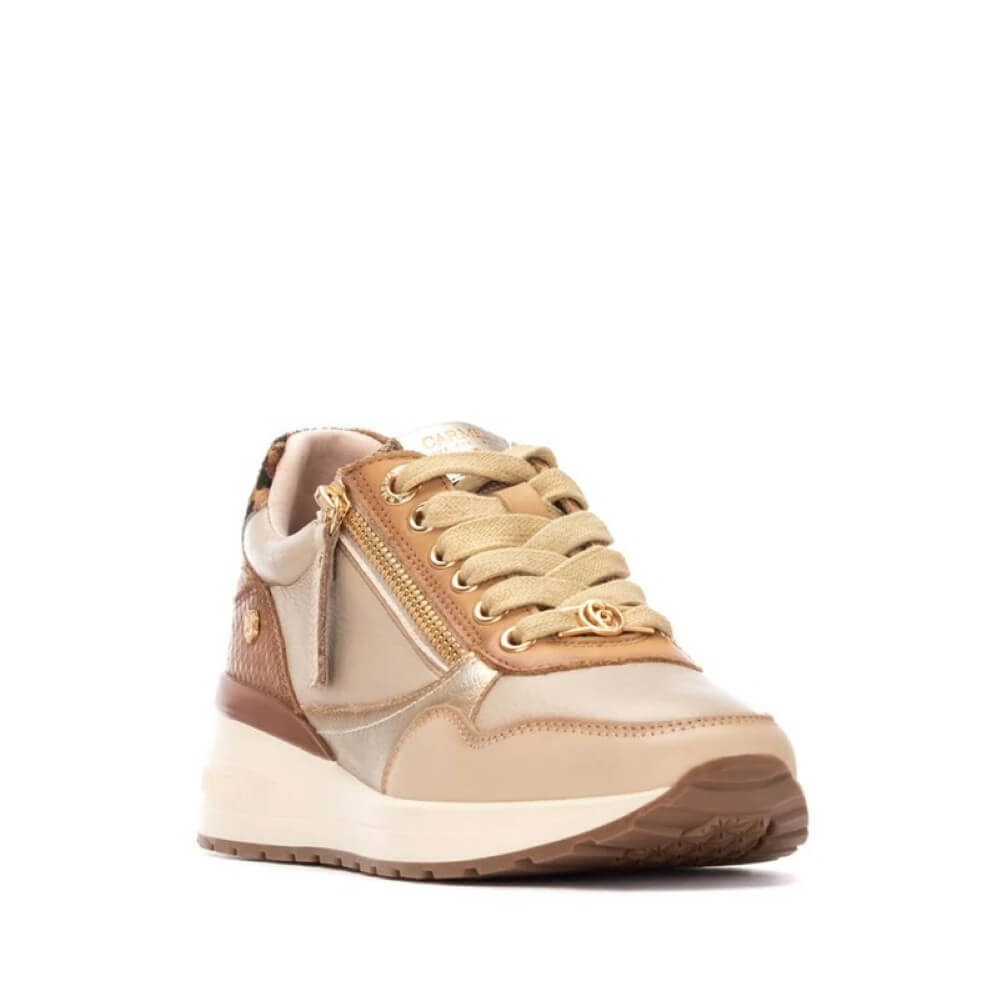 Beige and brown sneaker with leopard print accents on a white background Carmela Leather Sneakers 162442 