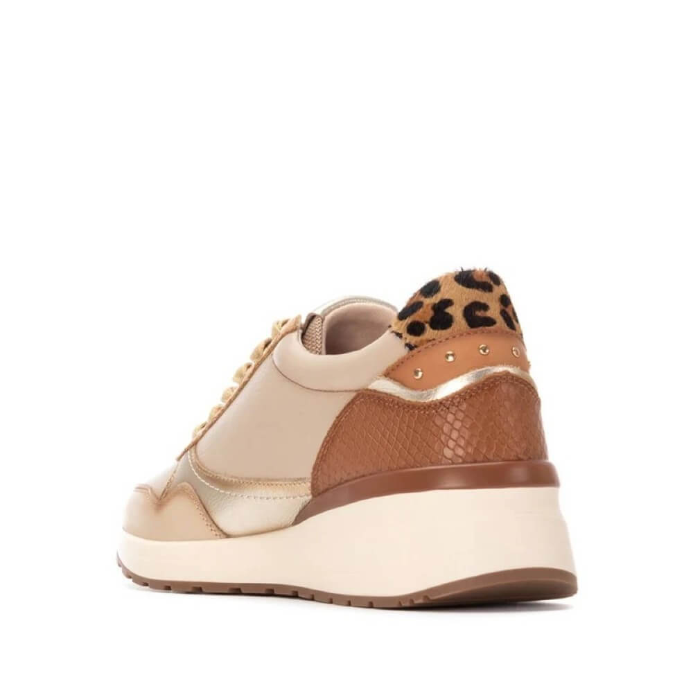 Beige and brown sneaker with leopard print accents on a white background Carmela Leather Sneakers 162442 