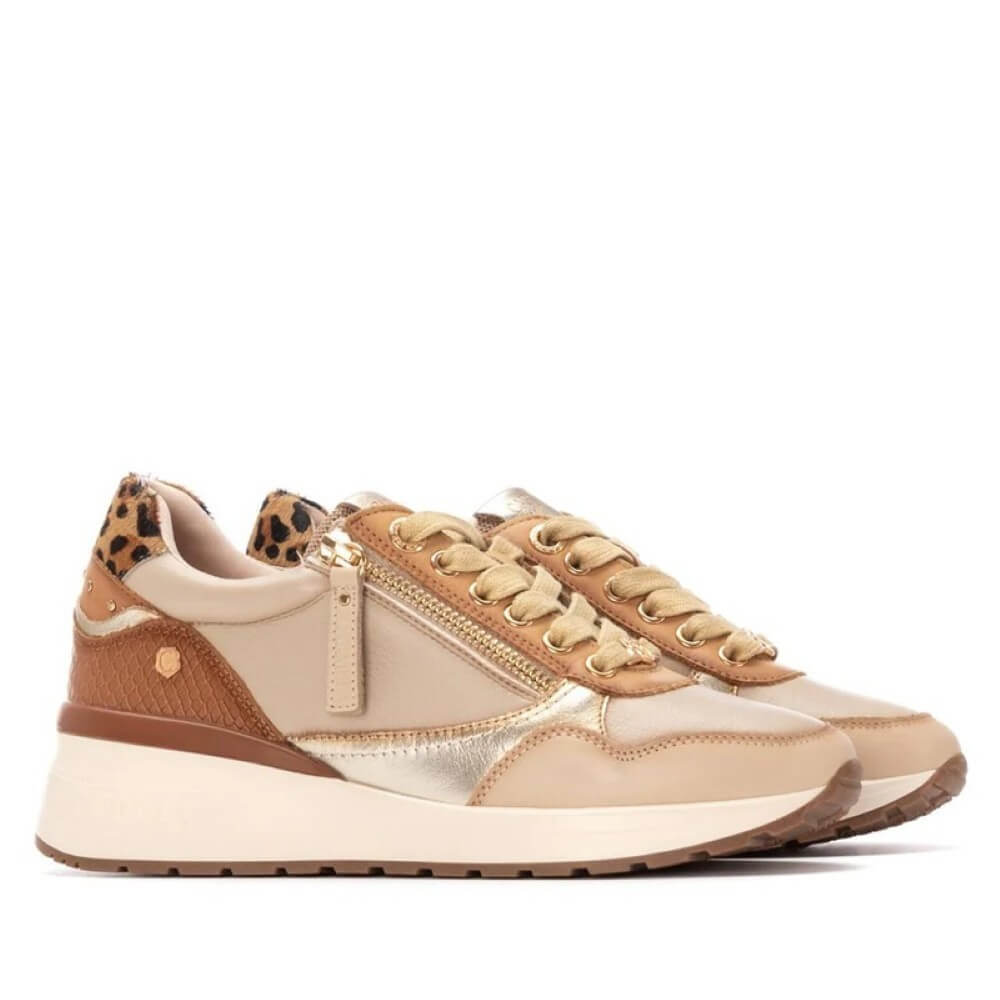 Beige and brown sneaker with leopard print accents on a white background Carmela Leather Sneakers 162442 