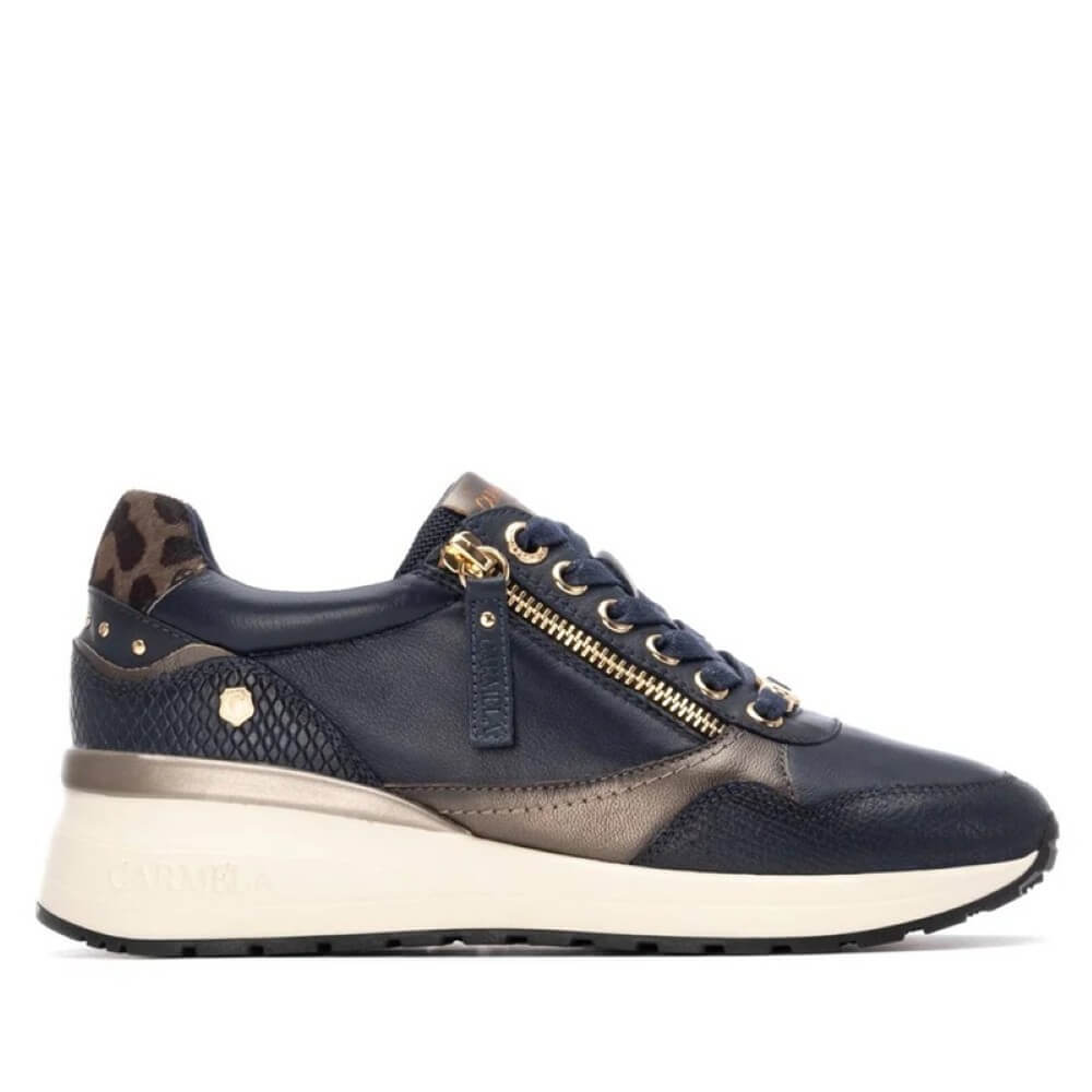 Navy blue sneaker with gold accents on a white background Carmela Leather Trainer 162442-NAVY