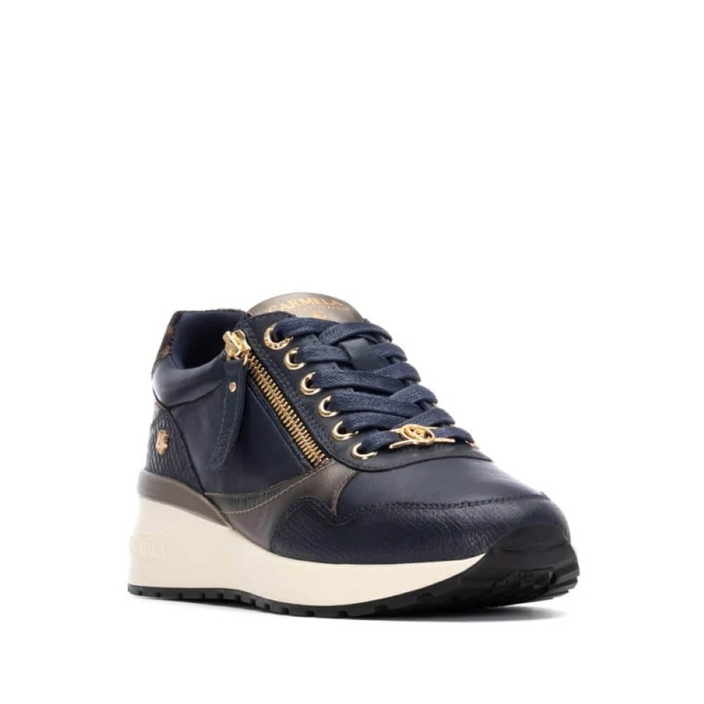 Navy blue sneaker with gold accents on a white background Carmela Leather Trainer 162442-NAVY
