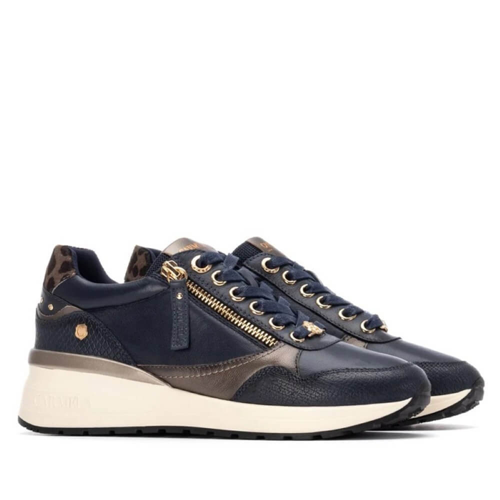 Navy blue sneaker with gold accents on a white background Carmela Leather Trainer 162442-NAVY