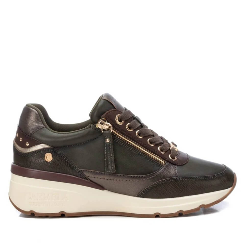 Khaki green sneaker with gold zipper details on a white background Carmela Leather Trainers 161825-KHAKI