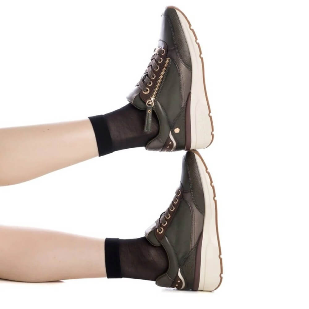 Khaki green sneaker with gold zipper details on a white background Carmela Leather Trainers 161825-KHAKI
