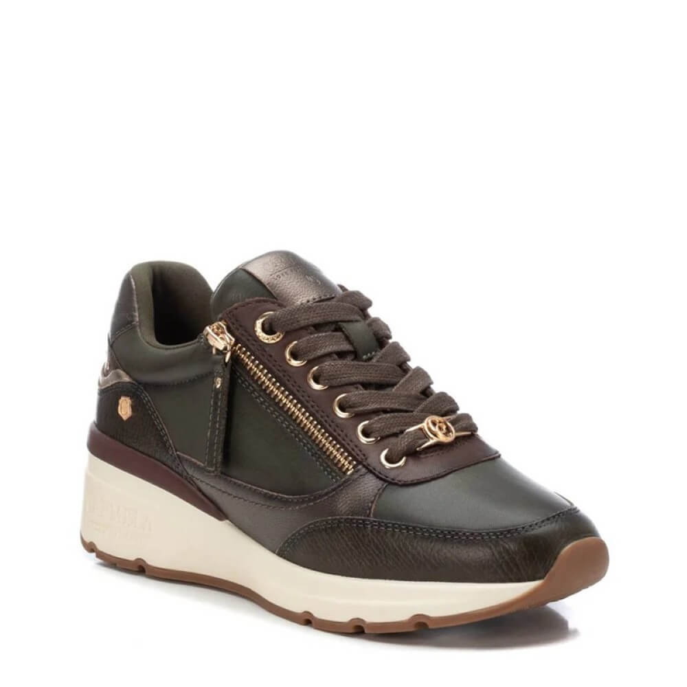 Khaki green sneaker with gold zipper details on a white background Carmela Leather Trainers 161825-KHAKI