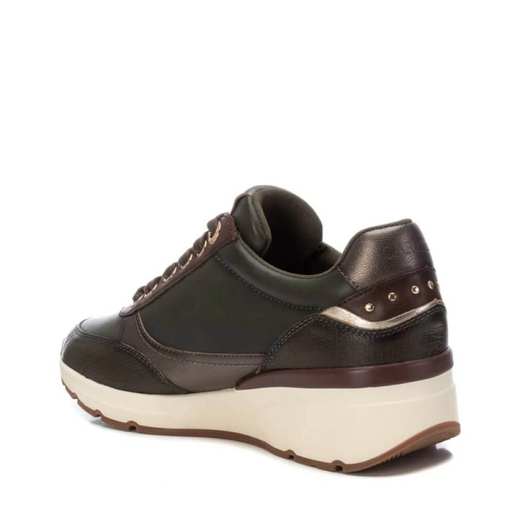 Khaki green sneaker with gold zipper details on a white background Carmela Leather Trainers 161825-KHAKI