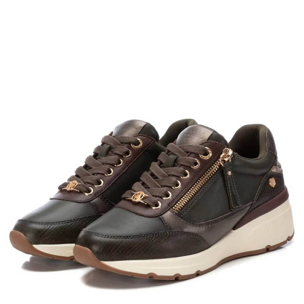 Khaki green sneaker with gold zipper details on a white background Carmela Leather Trainers 161825-KHAKI