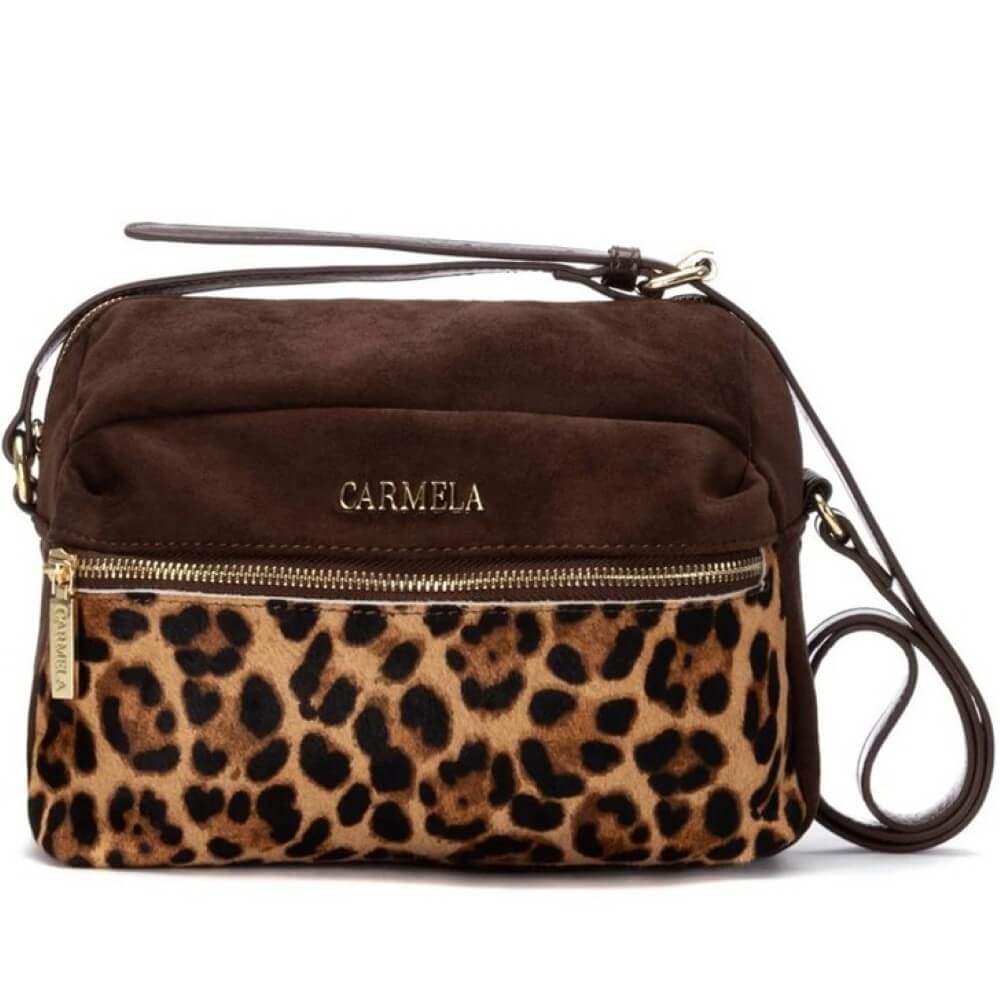 Brown crossbody bag with leopard print section and 'Carmela' branding on a white background Carmela Shoulder Bag 186186 Camel Leopard Print