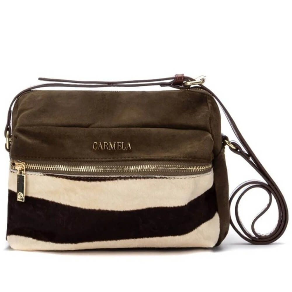 green and beige striped handbag with 'Carmela' branding on a white background Carmela Shoulder Bag 186186 Khaki Animal Print