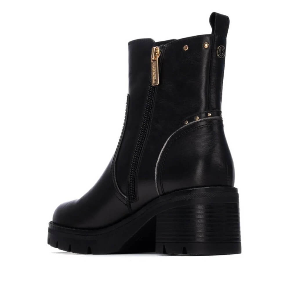 Black Leather Ankle Boot Block heel and gold side zip