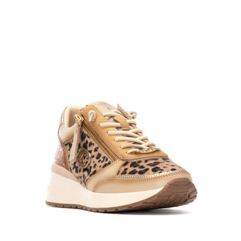 Beige sneaker with leopard print pattern on a white background Carmela Leopard Leather Trainers 162653