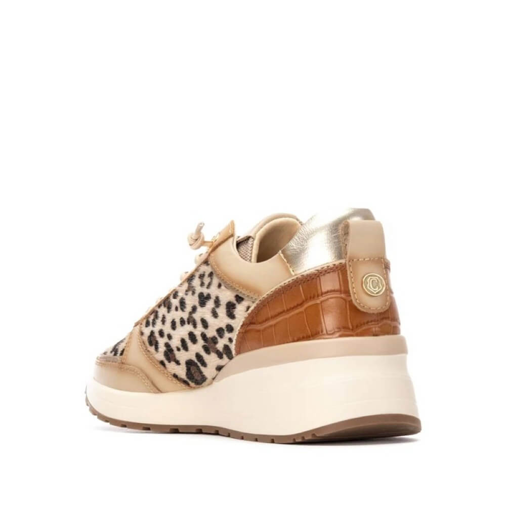 Beige sneaker with leopard print and brown accents on a white  Carmela Leopard Leather Trainers 162653background
