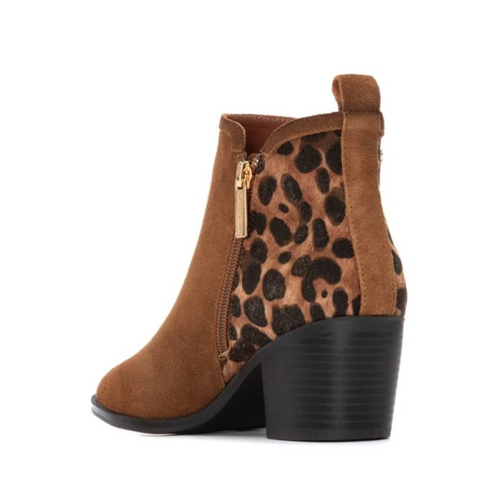 Brown ankle boot with leopard print pattern on a white background Carmela Suede Ankle Boot 162582 Camel and Leopard