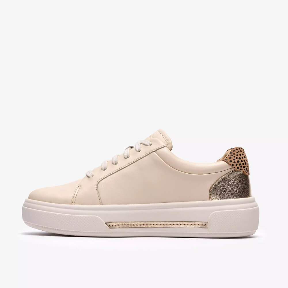 Clarks Cream Leather sneaker with leopard print details on a white background