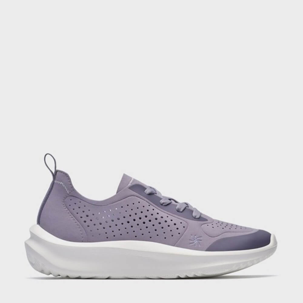 Clarks Purple sneaker with white sole on a light grey background