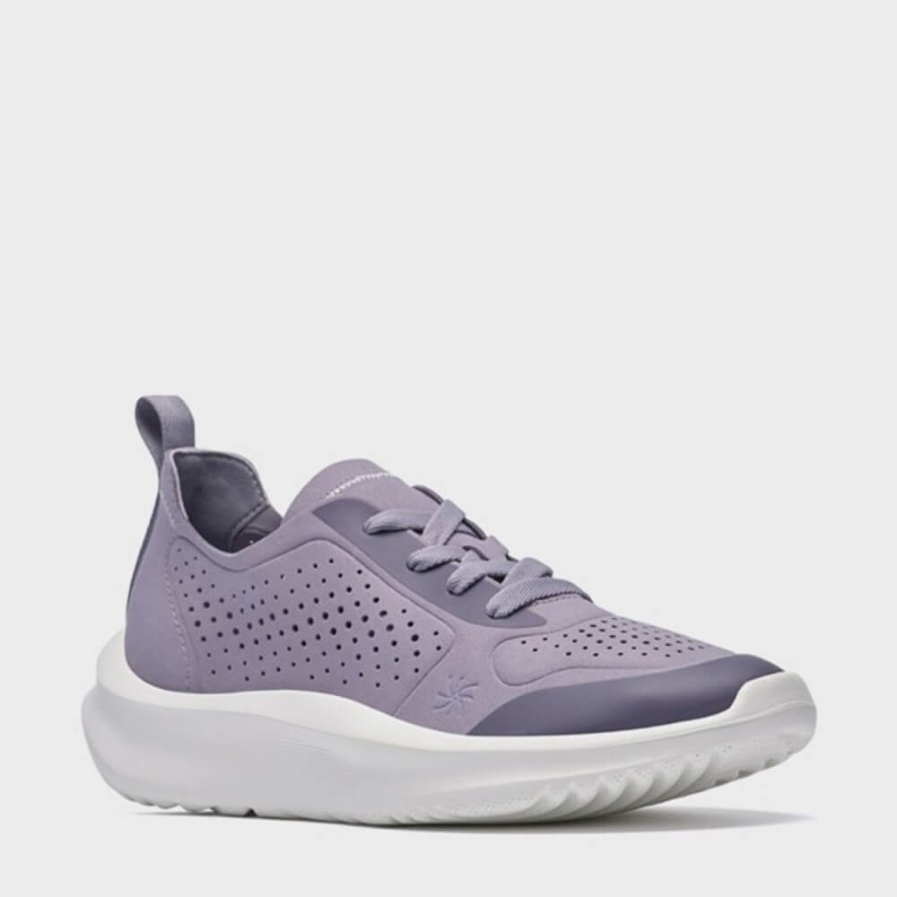 Clarks Purple sneaker with white sole on a light grey background
